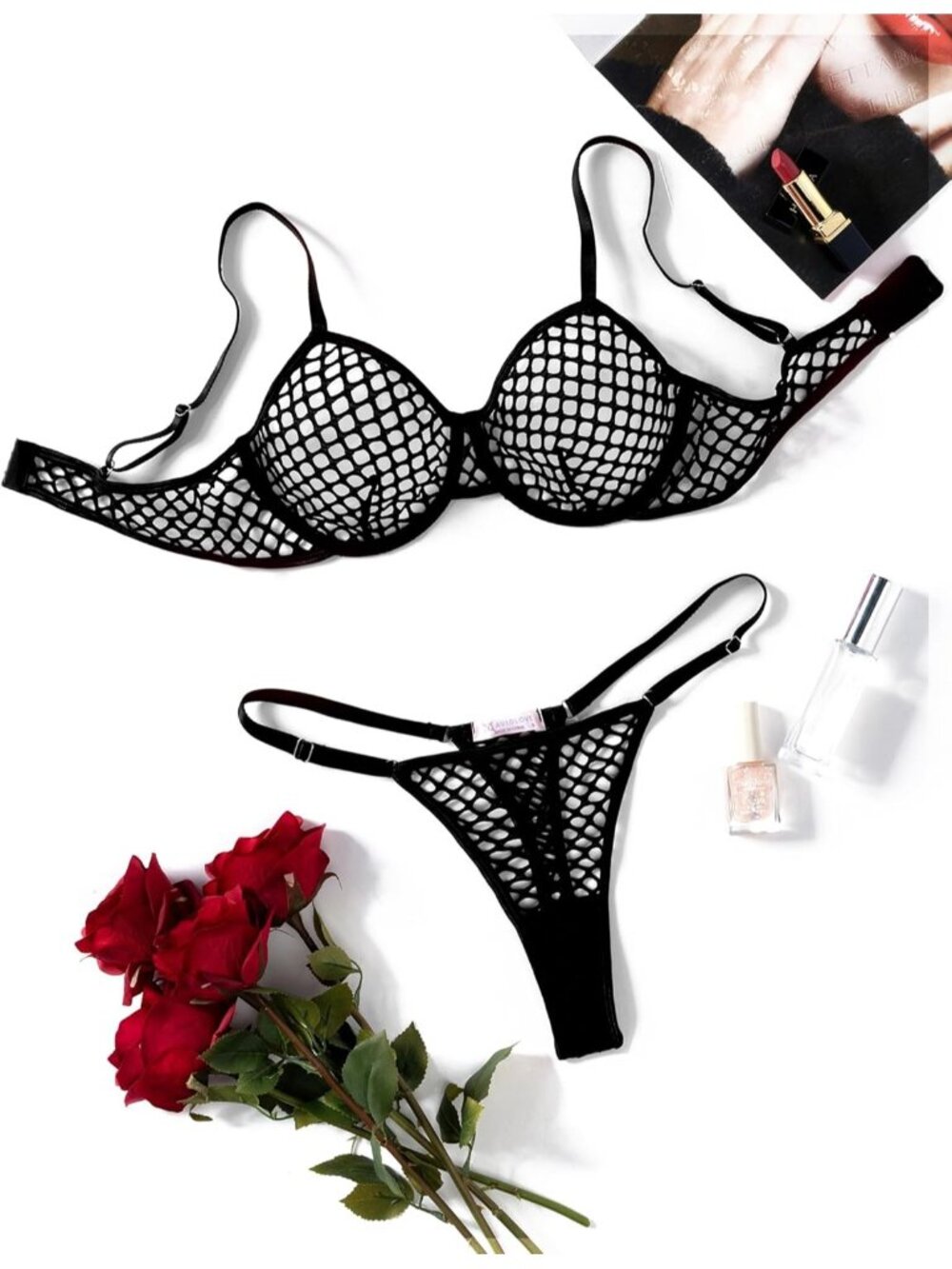 Women's Black Adjustable Strap Fishnet Push Up Bra & Thong Underwear 2 Piece Set